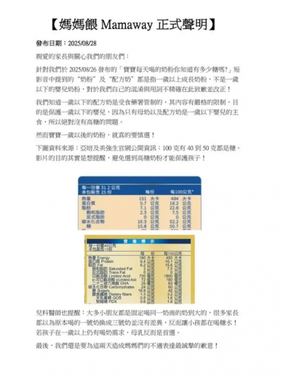 媽媽餵道歉了！食藥署駁斥後急發聲明　影片指一歲以上成長奶粉