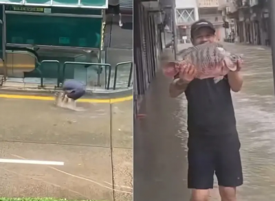 樺加沙颱風水淹澳門！民眾街上捕魚　空拍畫面一片慘狀