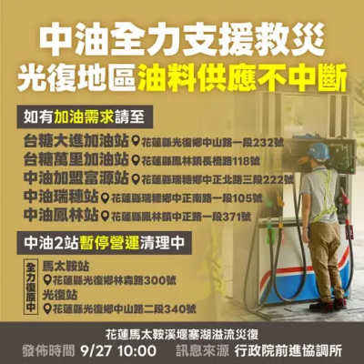 中油與台糖加油站聯手　讓花蓮光復地區油料供應不中斷