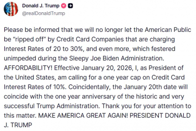 銀行怕？川普盯上信用卡公司　喊循環利率封頂10%自1/20上路