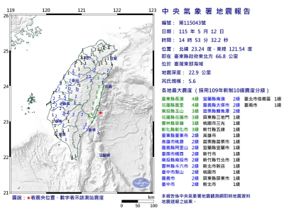 地震速報／14:53花連外海規模5.6地震！最大震度4級　全台都有感